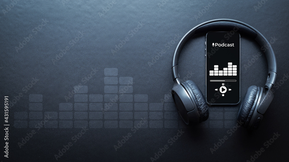 Podcast background. Mobile smartphone screen with podcast application, sound headphones. Audio voice with radio microphone on black. Recording studio or podcasting banner with copy space.